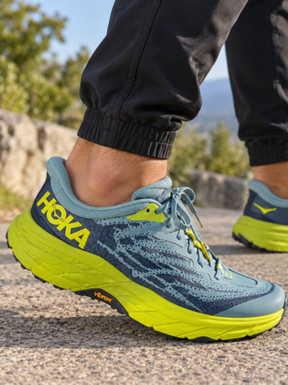 HOKA Speedgoat 5 Men’s 10D Trail Running Shoes Blue Lime Vibram Megagrip